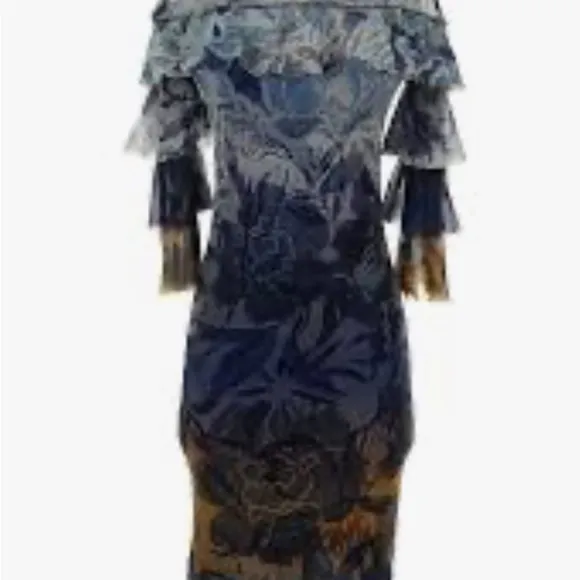 Fuzzi Elegant Blue and Gold Off-Shoulder Dress Sz L
