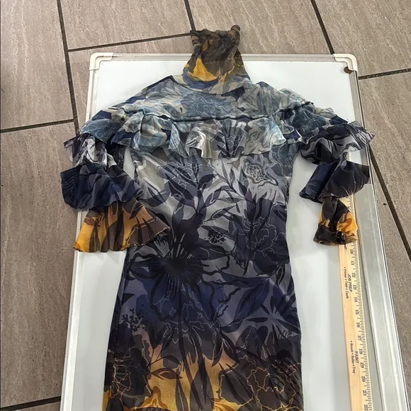 Fuzzi Elegant Blue and Gold Off-Shoulder Dress Sz L
