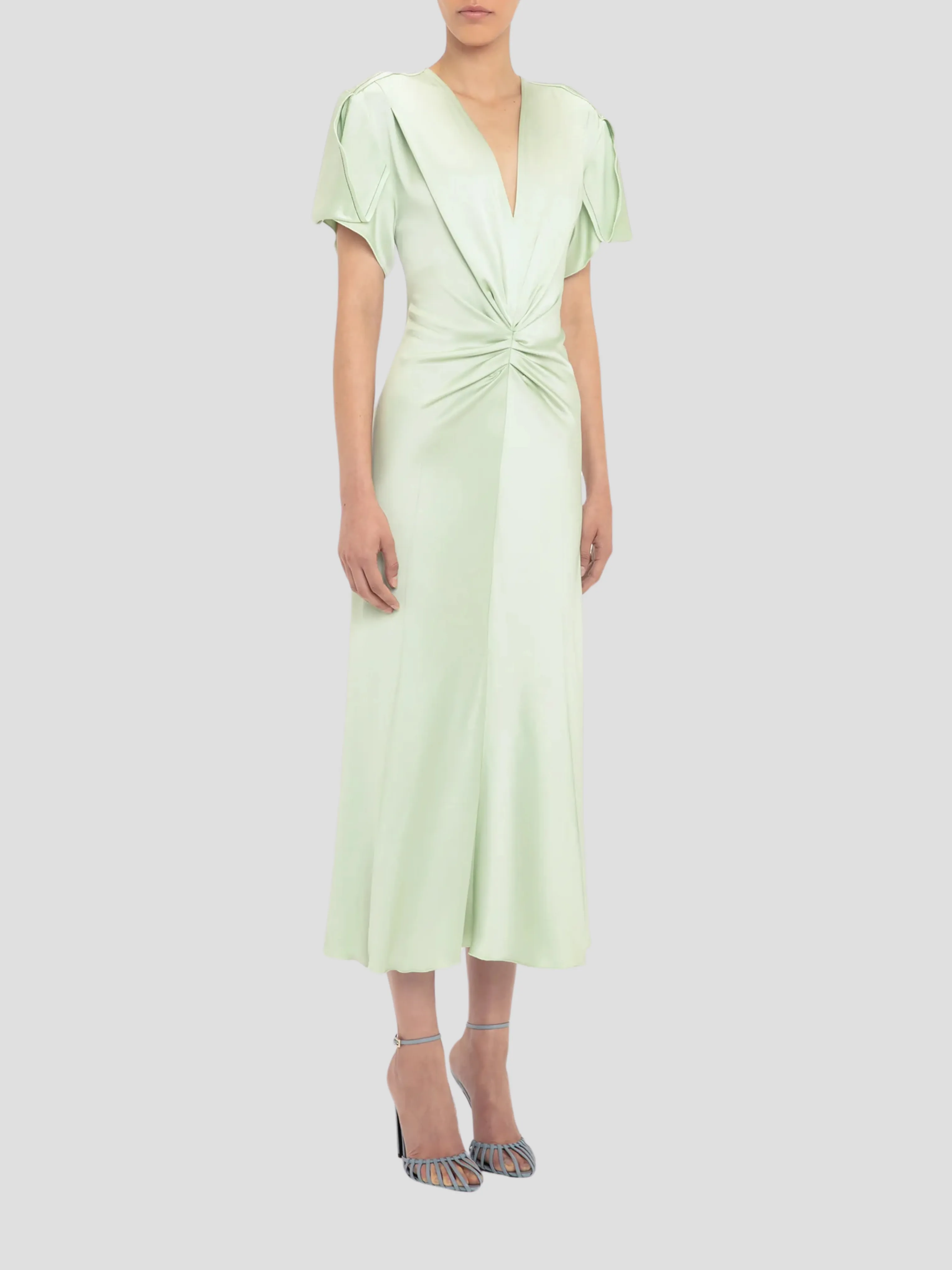 Gathered V-Neck Midi Dress in Jade