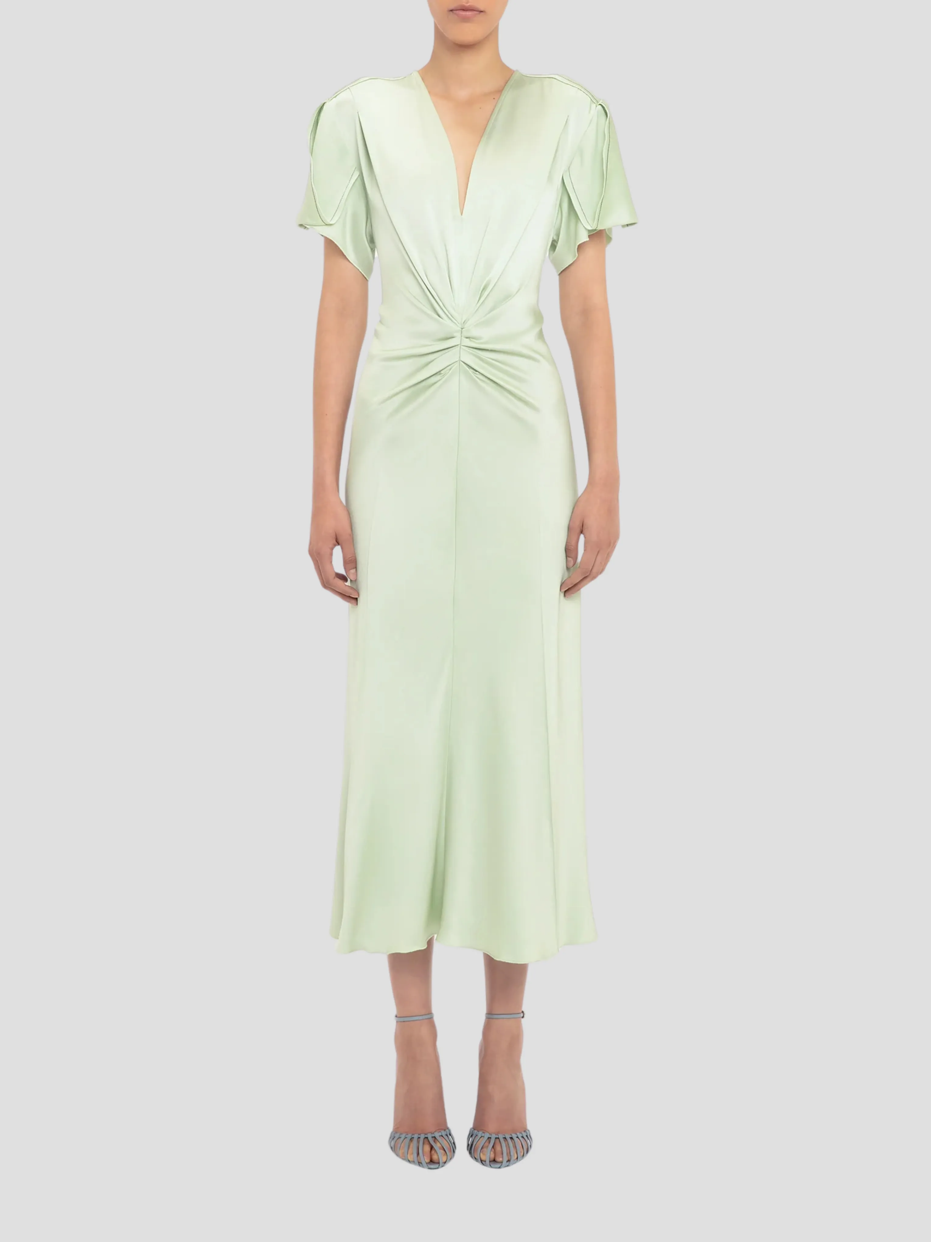 Gathered V-Neck Midi Dress in Jade