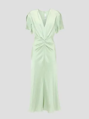 Gathered V-Neck Midi Dress in Jade