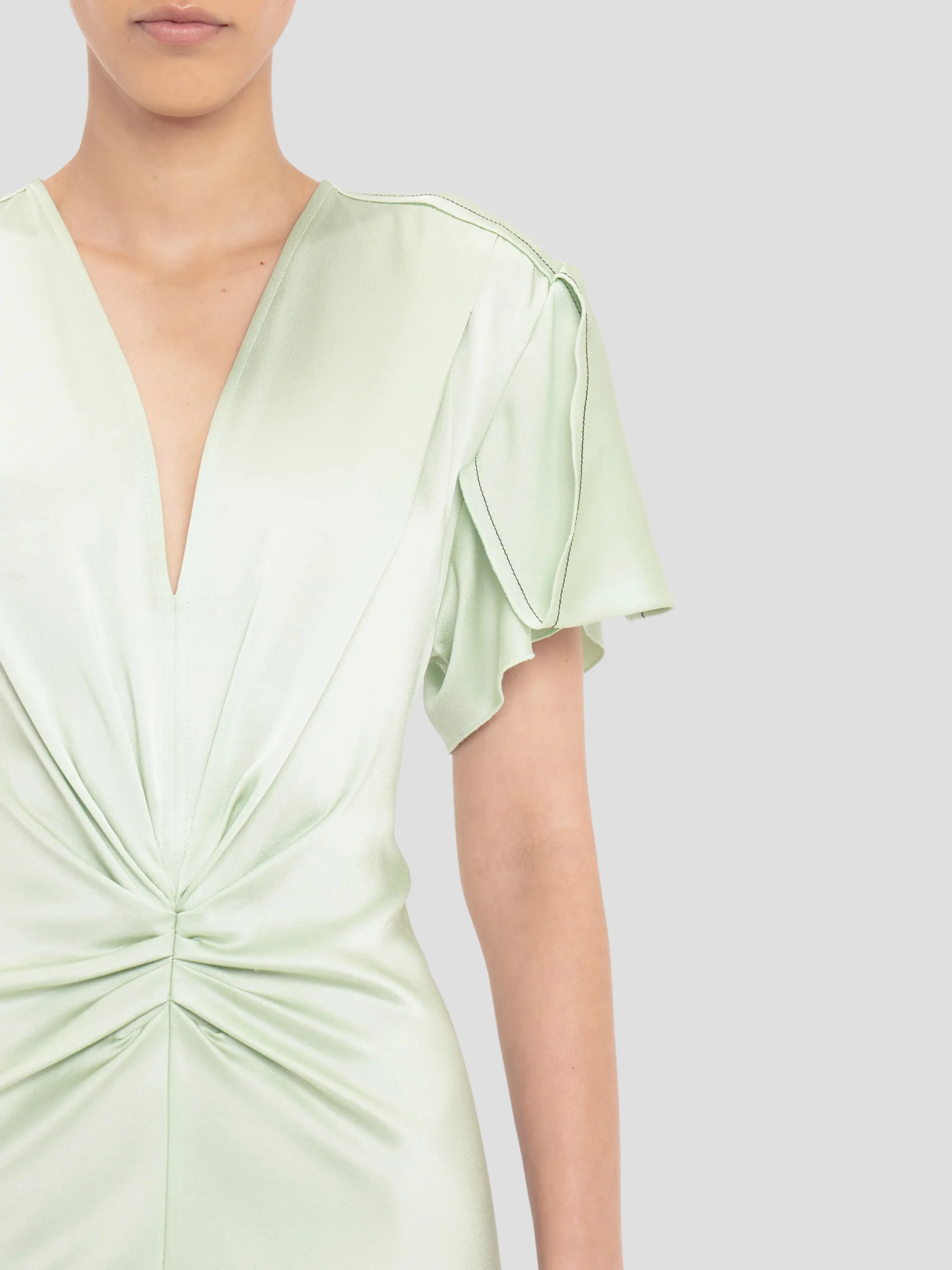 Gathered V-Neck Midi Dress in Jade