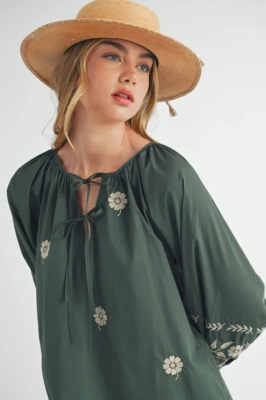 Green Embroidered Peasant Dress