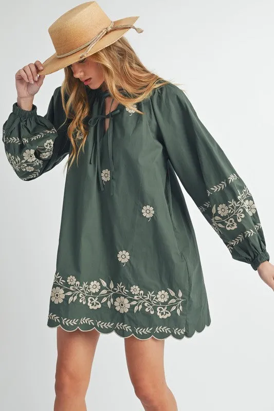 Green Embroidered Peasant Dress