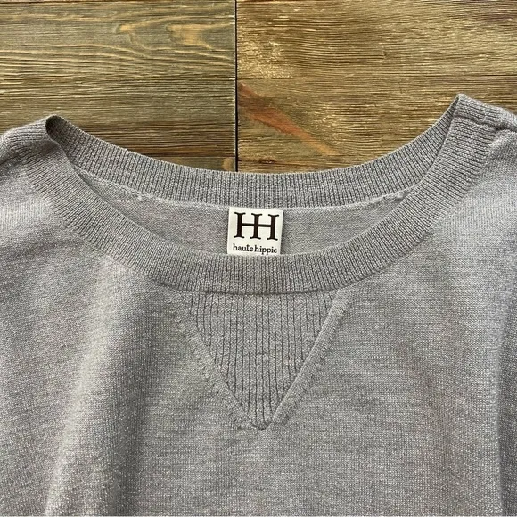 Haute Hippie Lurex Off the Shoulder Sweatshirt in Fawn