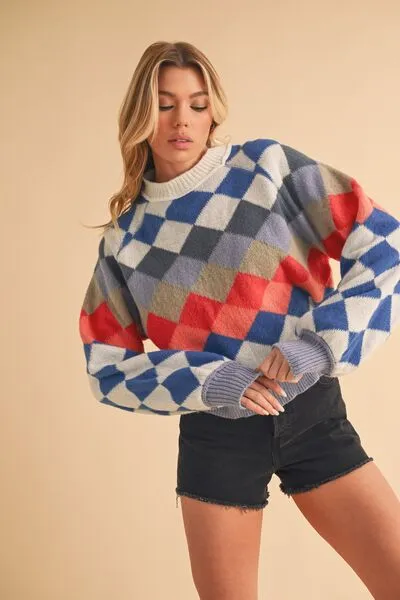 Hazel Blues® |  Aemi   Co Diamond Mock Neck Raglan Sleeve Sweater