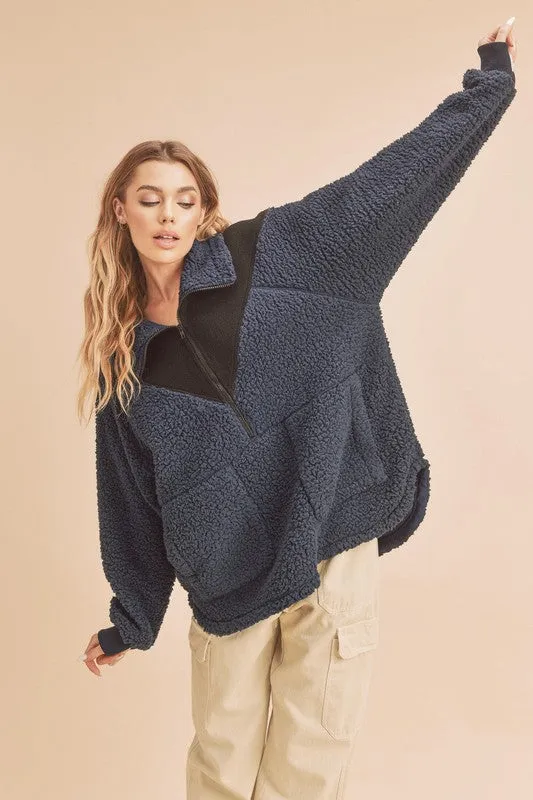 Hazel Blues® |  Aemi Co Two Tone Half Zip Fleece Sweatshirt