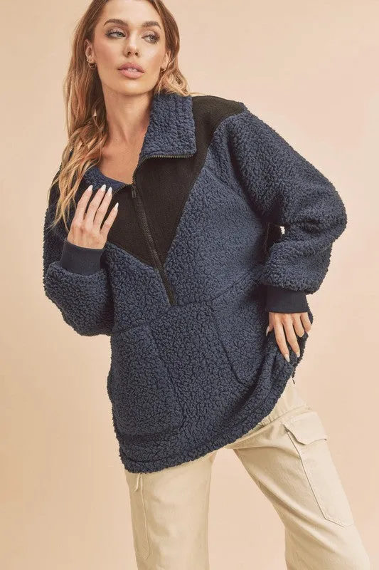 Hazel Blues® |  Aemi Co Two Tone Half Zip Fleece Sweatshirt
