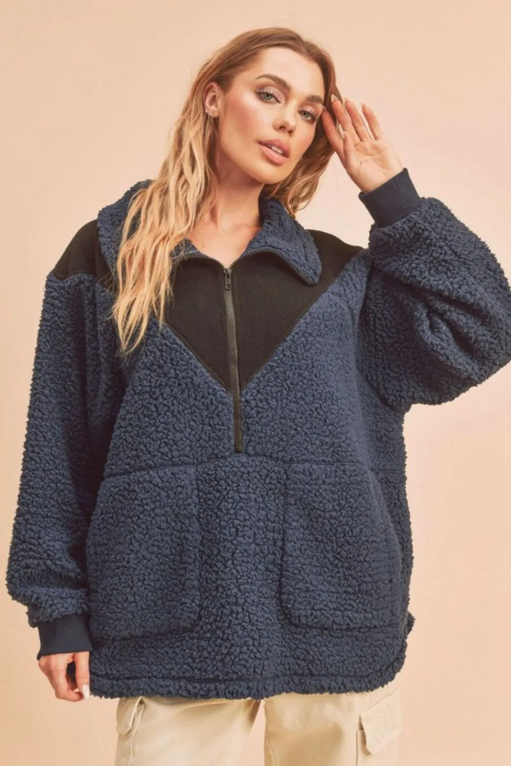 Hazel Blues® |  Aemi Co Two Tone Half Zip Fleece Sweatshirt