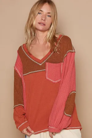 Hazel Blues® |  POL V-Neck Knit Panel Exposed Seam Top