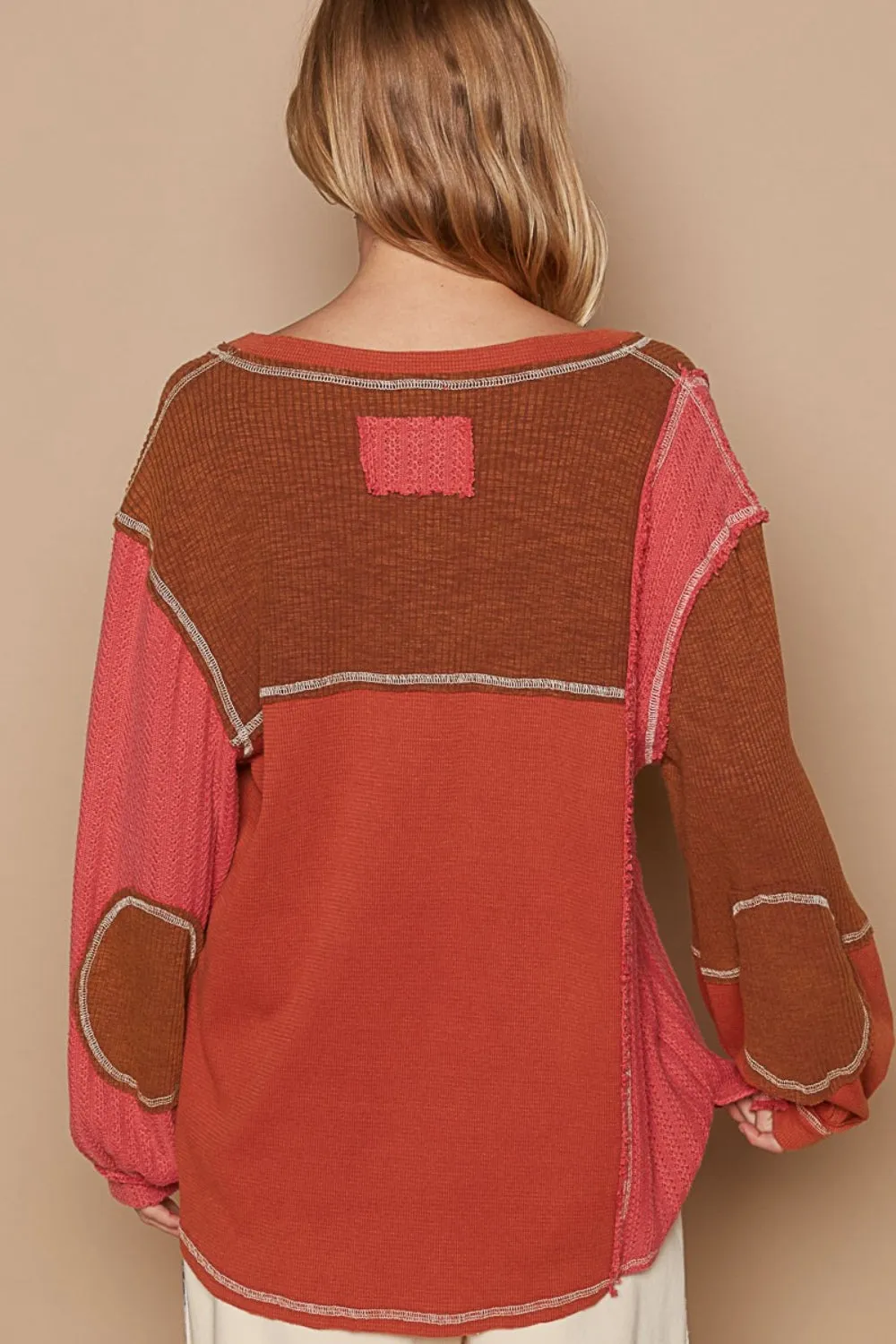 Hazel Blues® |  POL V-Neck Knit Panel Exposed Seam Top
