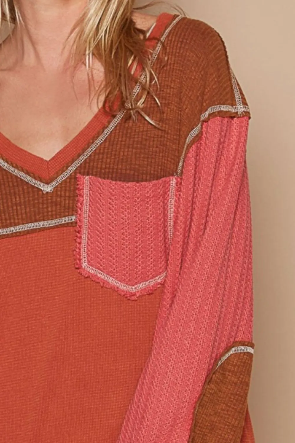 Hazel Blues® |  POL V-Neck Knit Panel Exposed Seam Top