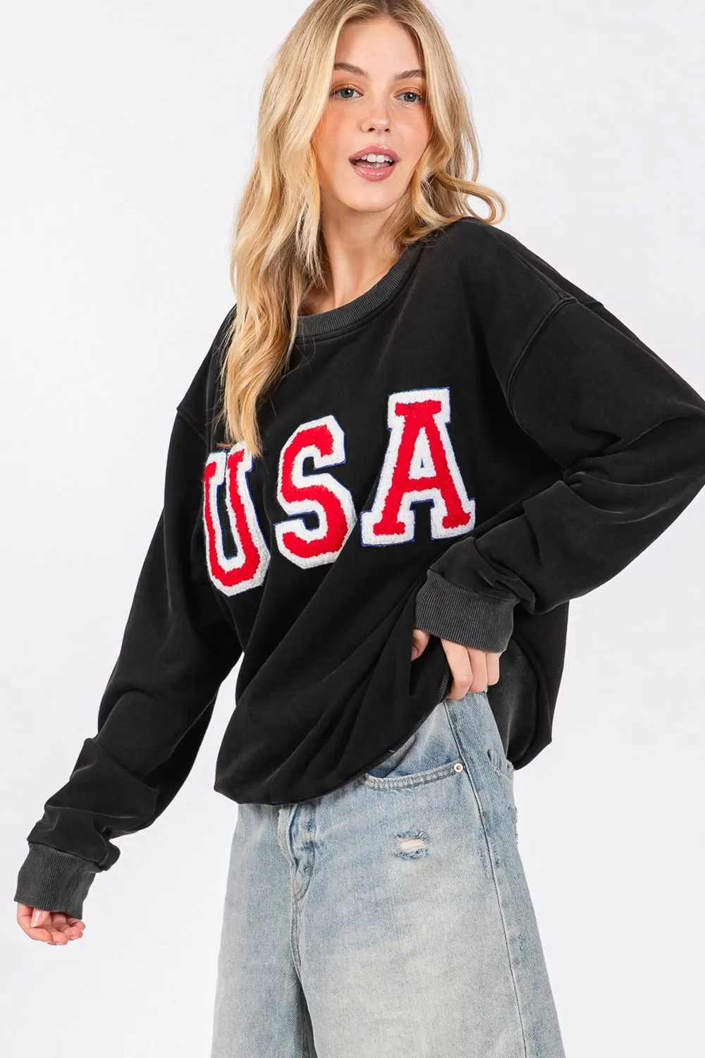 Hazel Blues® |  SAGE   FIG USA Letter Patch Round Neck Sweatshirt