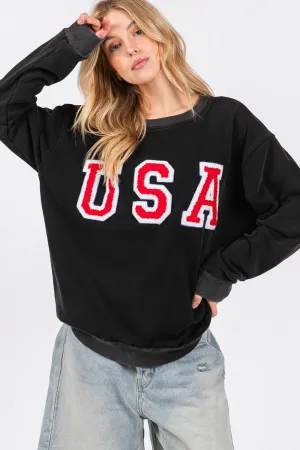 Hazel Blues® |  SAGE   FIG USA Letter Patch Round Neck Sweatshirt
