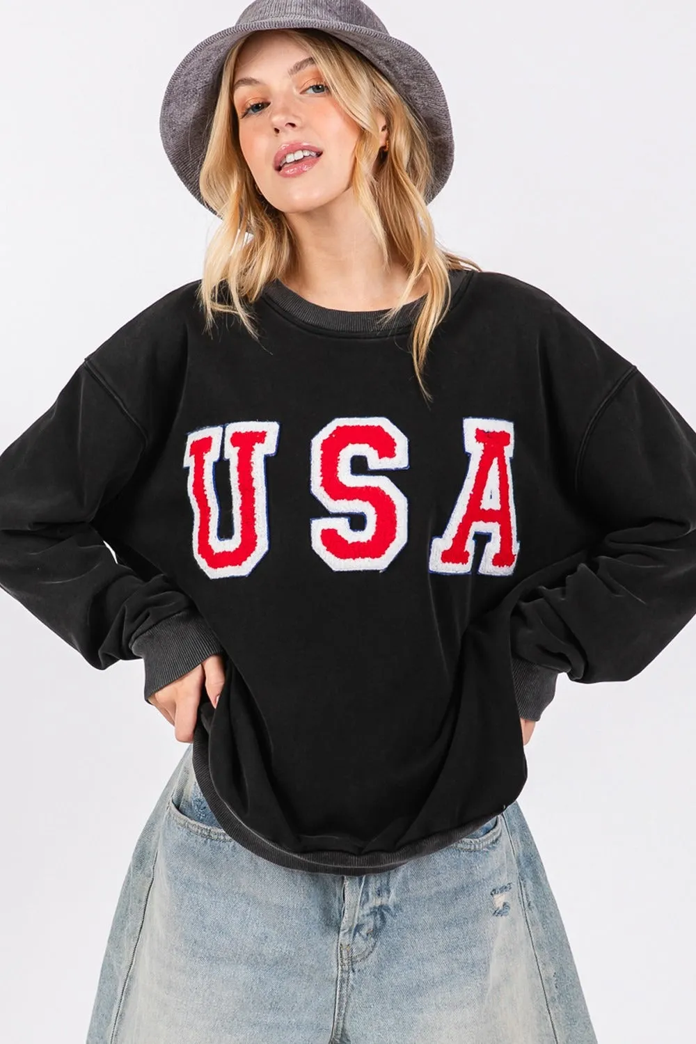 Hazel Blues® |  SAGE   FIG USA Letter Patch Round Neck Sweatshirt