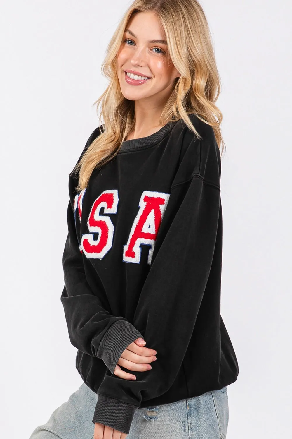 Hazel Blues® |  SAGE   FIG USA Letter Patch Round Neck Sweatshirt