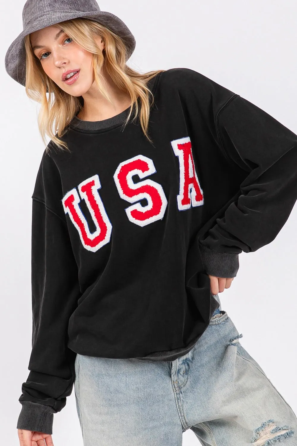 Hazel Blues® |  SAGE   FIG USA Letter Patch Round Neck Sweatshirt