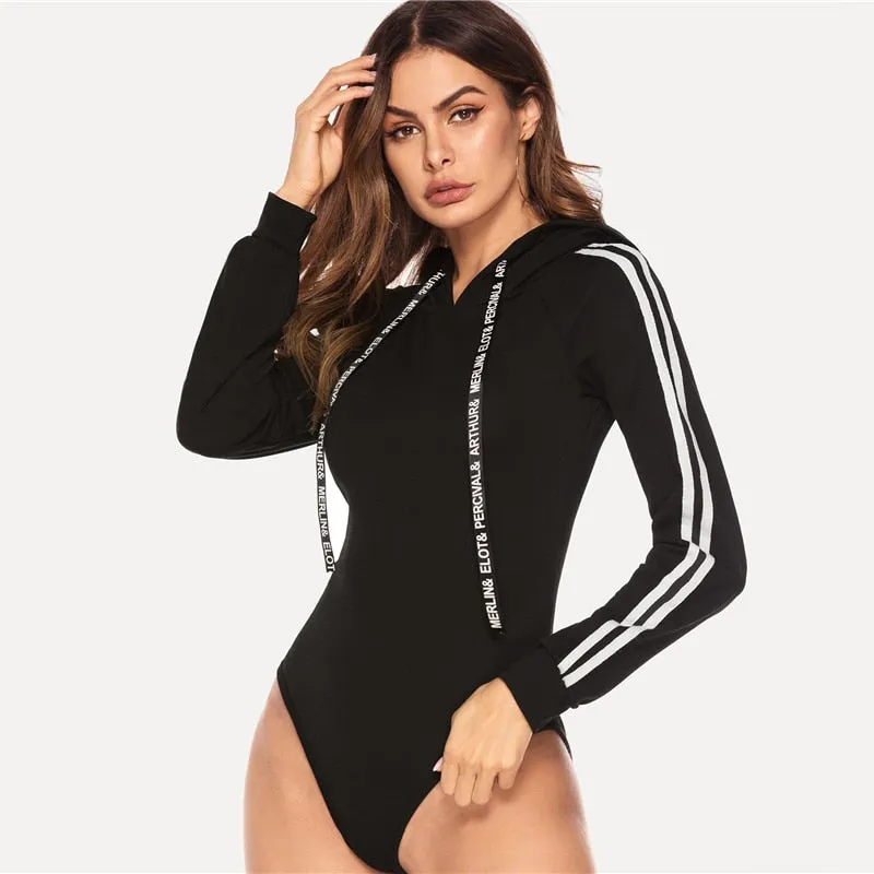 Hooded Track Bodysuit - Black with White Accents