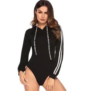 Hooded Track Bodysuit - Black with White Accents
