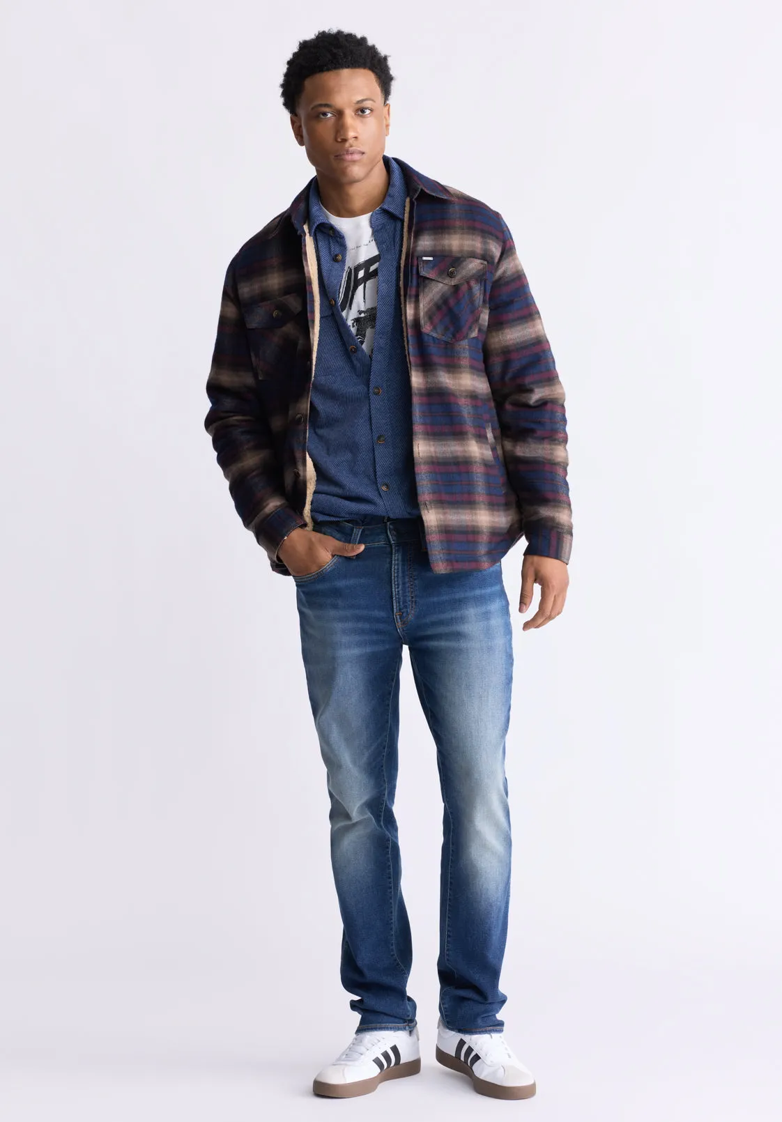 Jalika Men's Plaid Shacket with Sherpa Lining, Whale & Beige - BM24447