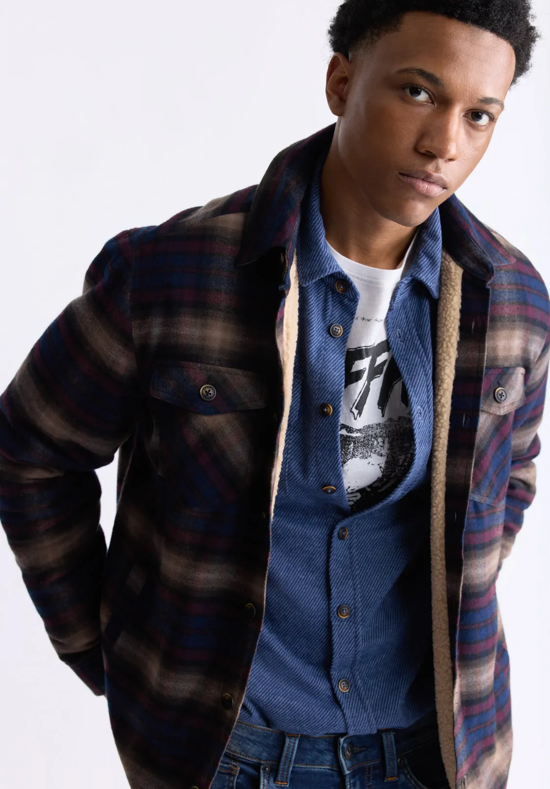 Jalika Men's Plaid Shacket with Sherpa Lining, Whale & Beige - BM24447