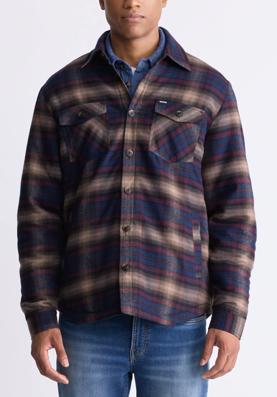 Jalika Men's Plaid Shacket with Sherpa Lining, Whale & Beige - BM24447