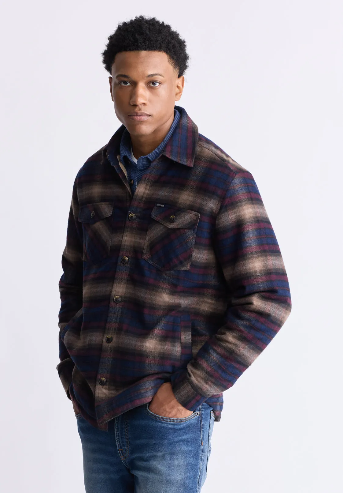 Jalika Men's Plaid Shacket with Sherpa Lining, Whale & Beige - BM24447