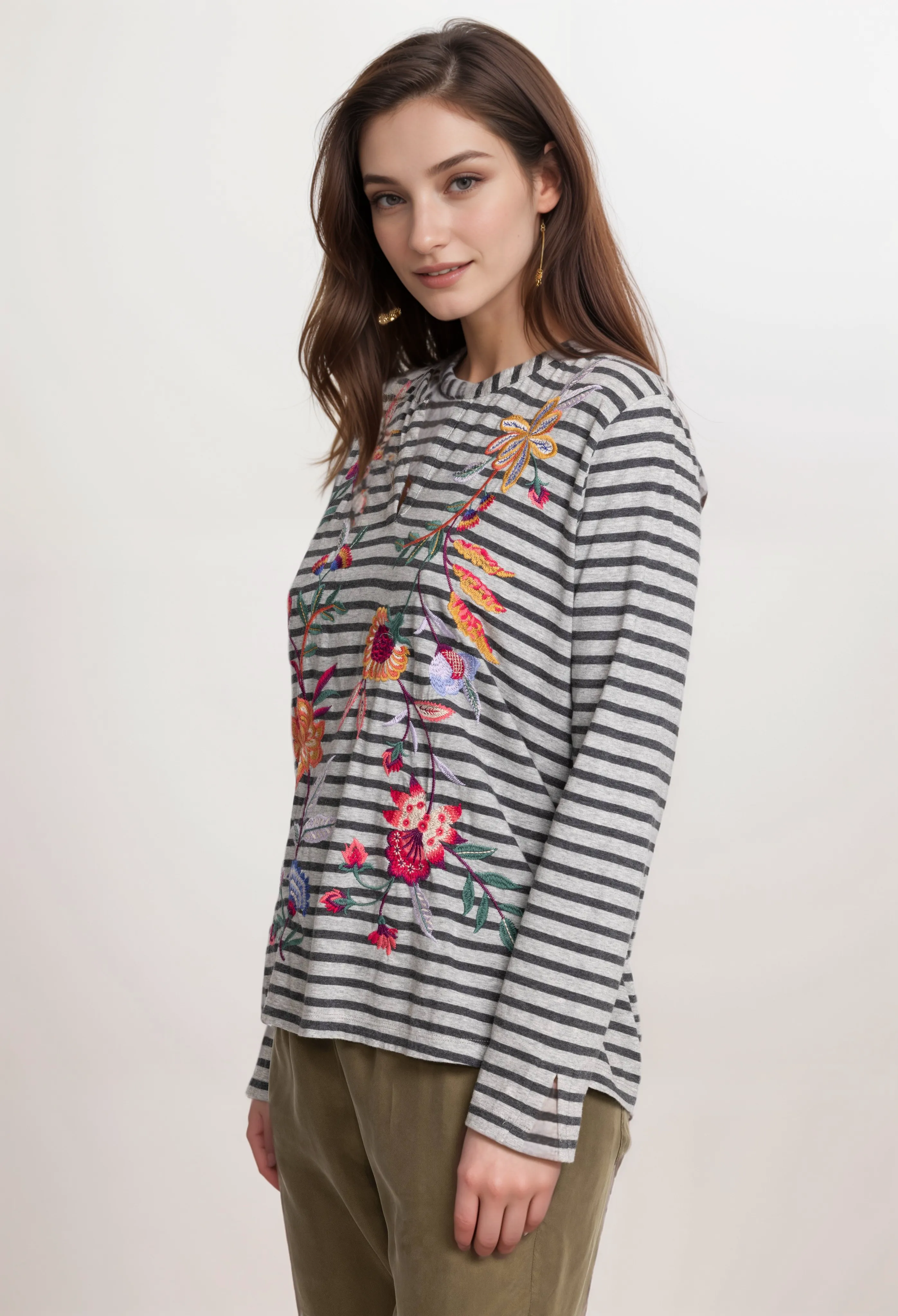 Johnny Was Sandra Split Stripe Cotton Jersey Tee J11323