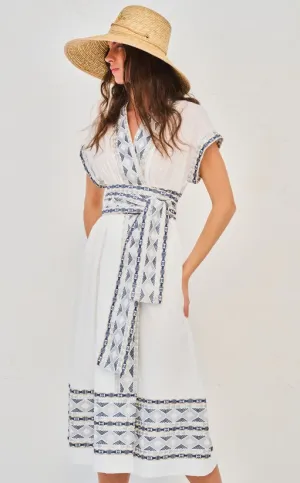 Lace Midi Wrap Dress- White/Navy