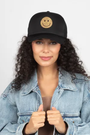 LCAPM2213 - Smiley Face Glitter Solid Mesh Back Trucker hat