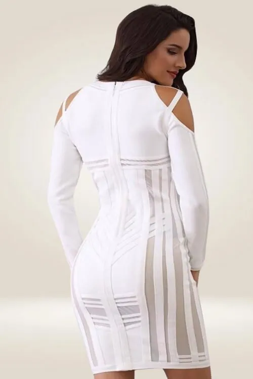 Long Sleeve Mesh Cut Out White Bodycon Dress