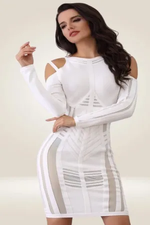 Long Sleeve Mesh Cut Out White Bodycon Dress