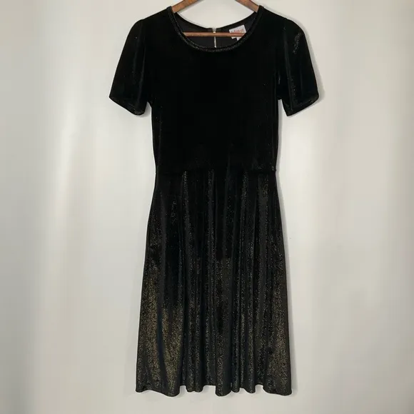 LuLaRoe Elegant Collection Amelia Velvet Iridescent Black Gold Shimmer Dress MD