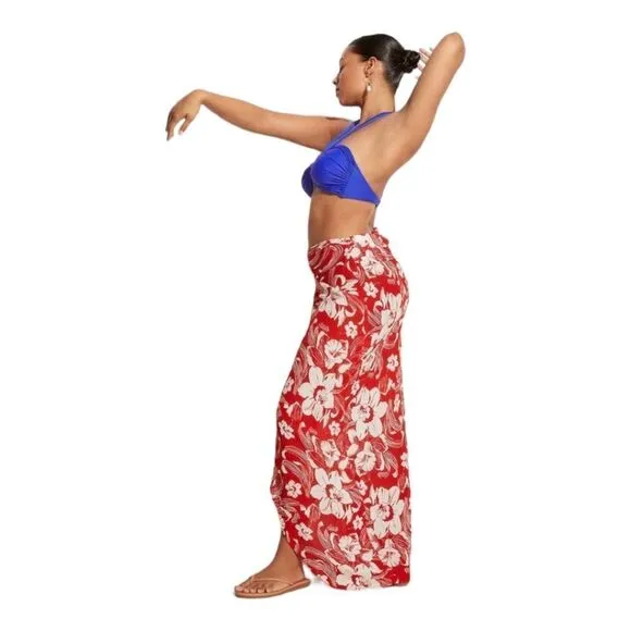 Lulu Linen Flax Camara Tropical Floral Print Maxi Faux Wrap Sarong Sz L NWT