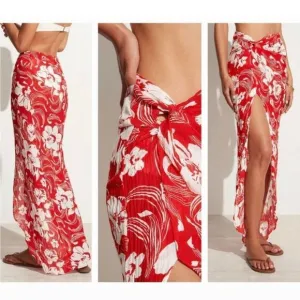 Lulu Linen Flax Camara Tropical Floral Print Maxi Faux Wrap Sarong Sz L NWT