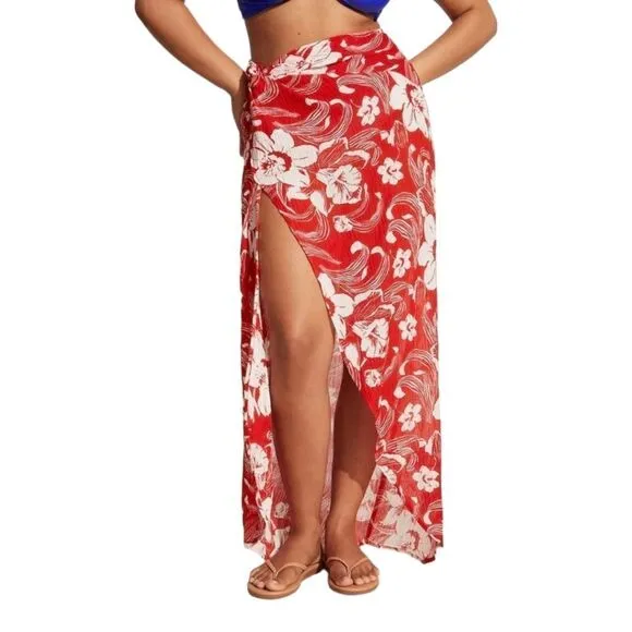 Lulu Linen Flax Camara Tropical Floral Print Maxi Faux Wrap Sarong Sz L NWT