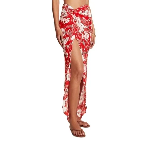 Lulu Linen Flax Camara Tropical Floral Print Maxi Faux Wrap Sarong Sz L NWT