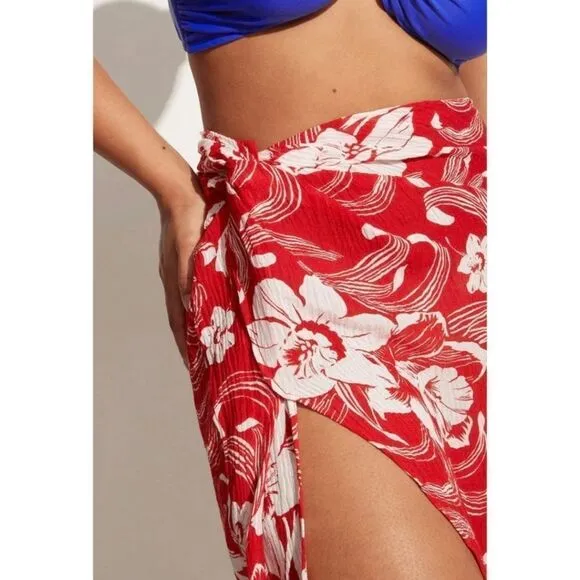 Lulu Linen Flax Camara Tropical Floral Print Maxi Faux Wrap Sarong Sz L NWT