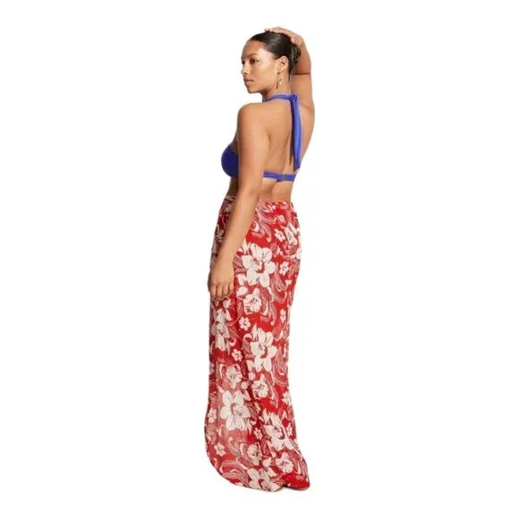 Lulu Linen Flax Camara Tropical Floral Print Maxi Faux Wrap Sarong Sz L NWT