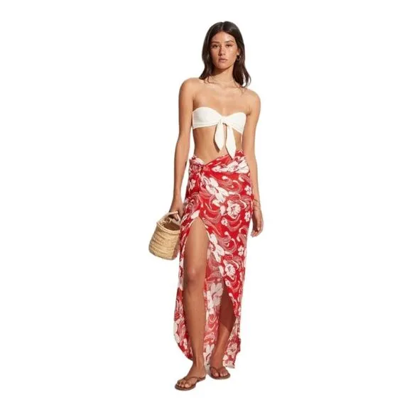 Lulu Linen Flax Camara Tropical Floral Print Maxi Faux Wrap Sarong Sz L NWT