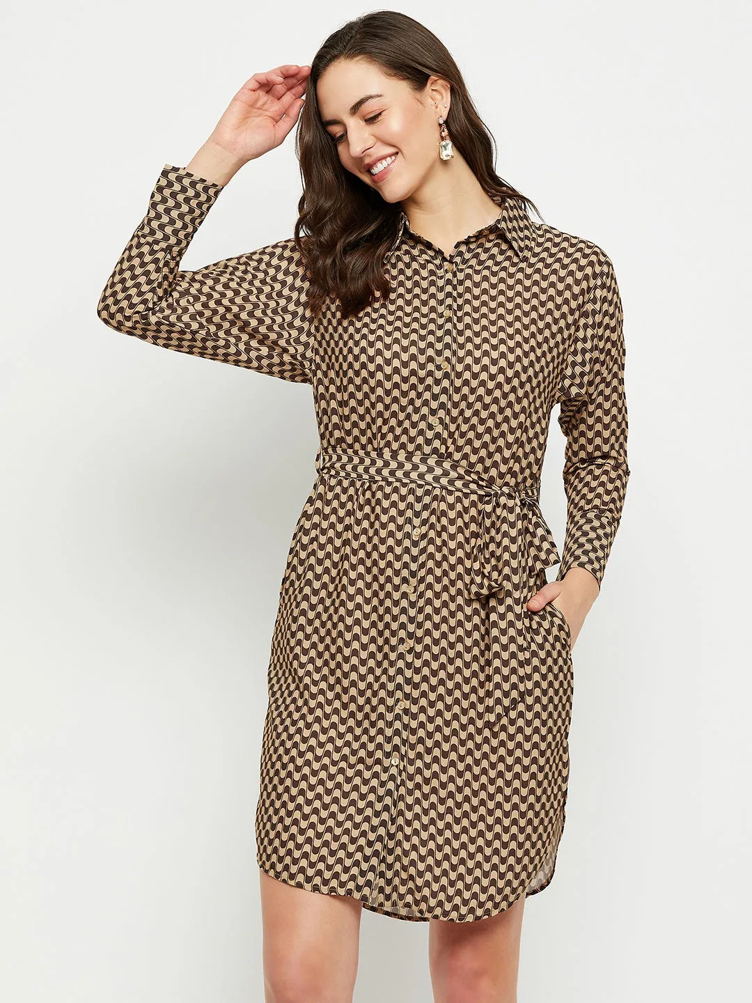 Madame Chevron Print Beige Shirt Dress