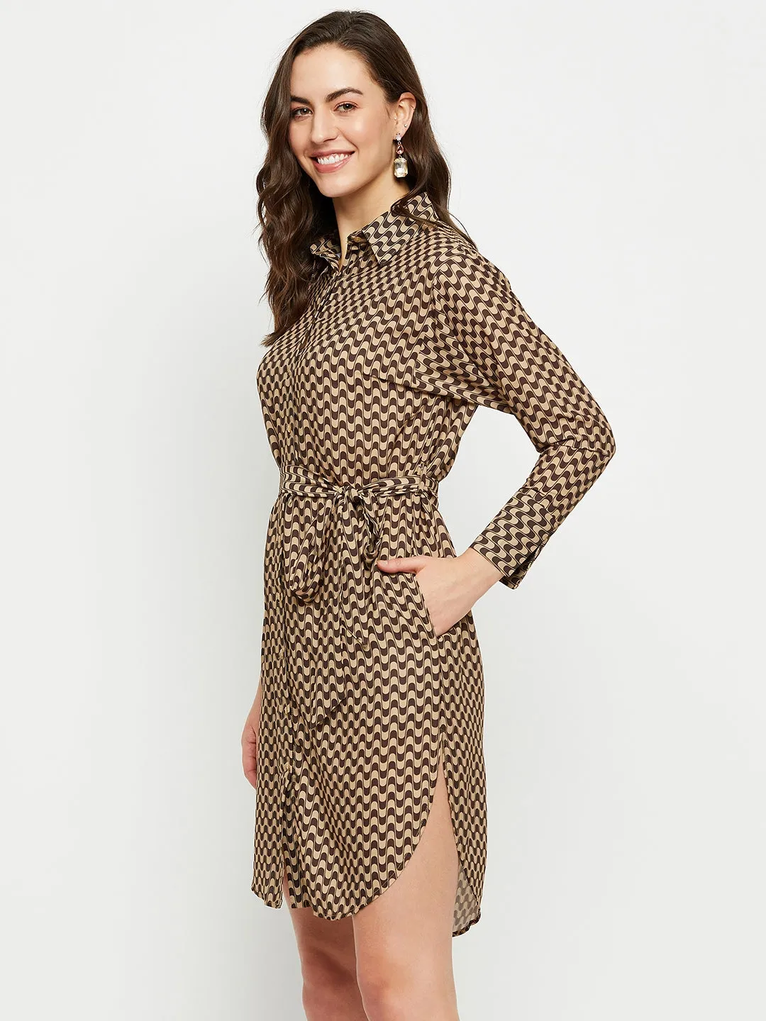Madame Chevron Print Beige Shirt Dress