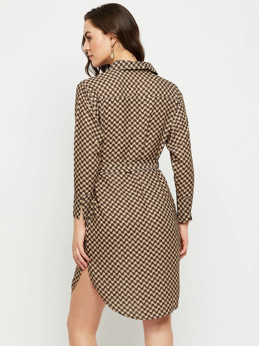 Madame Chevron Print Beige Shirt Dress