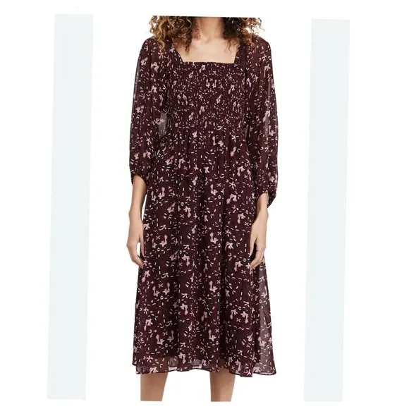 Madewell  Georgette Sheer-Sleeve Smocked Midi Dress in Rich Paisley MP