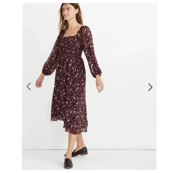 Madewell  Georgette Sheer-Sleeve Smocked Midi Dress in Rich Paisley MP