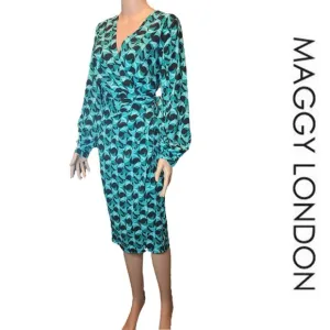 Maggy London LONG SLEEVE WRAP MIDI DRESS NWT GREEN Size 6
