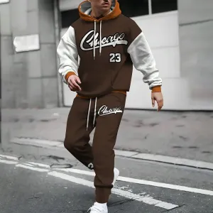 Men's Sporty Casual Color Block Chicago 23 Print Hoodie and Pants Set 2411011306