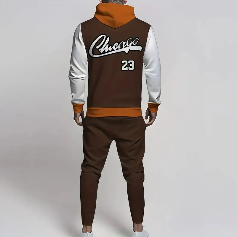 Men's Sporty Casual Color Block Chicago 23 Print Hoodie and Pants Set 2411011306