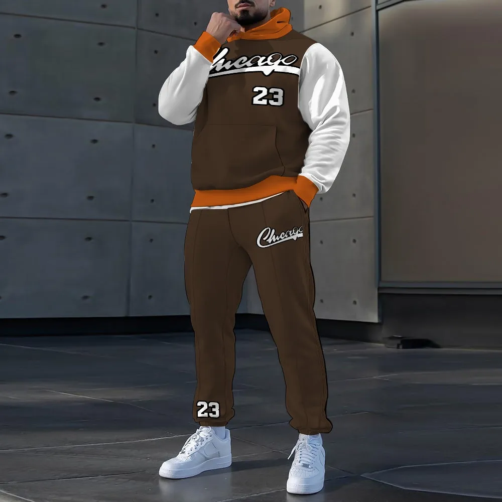 Men's Sporty Casual Color Block Chicago 23 Print Hoodie and Pants Set 2411011306