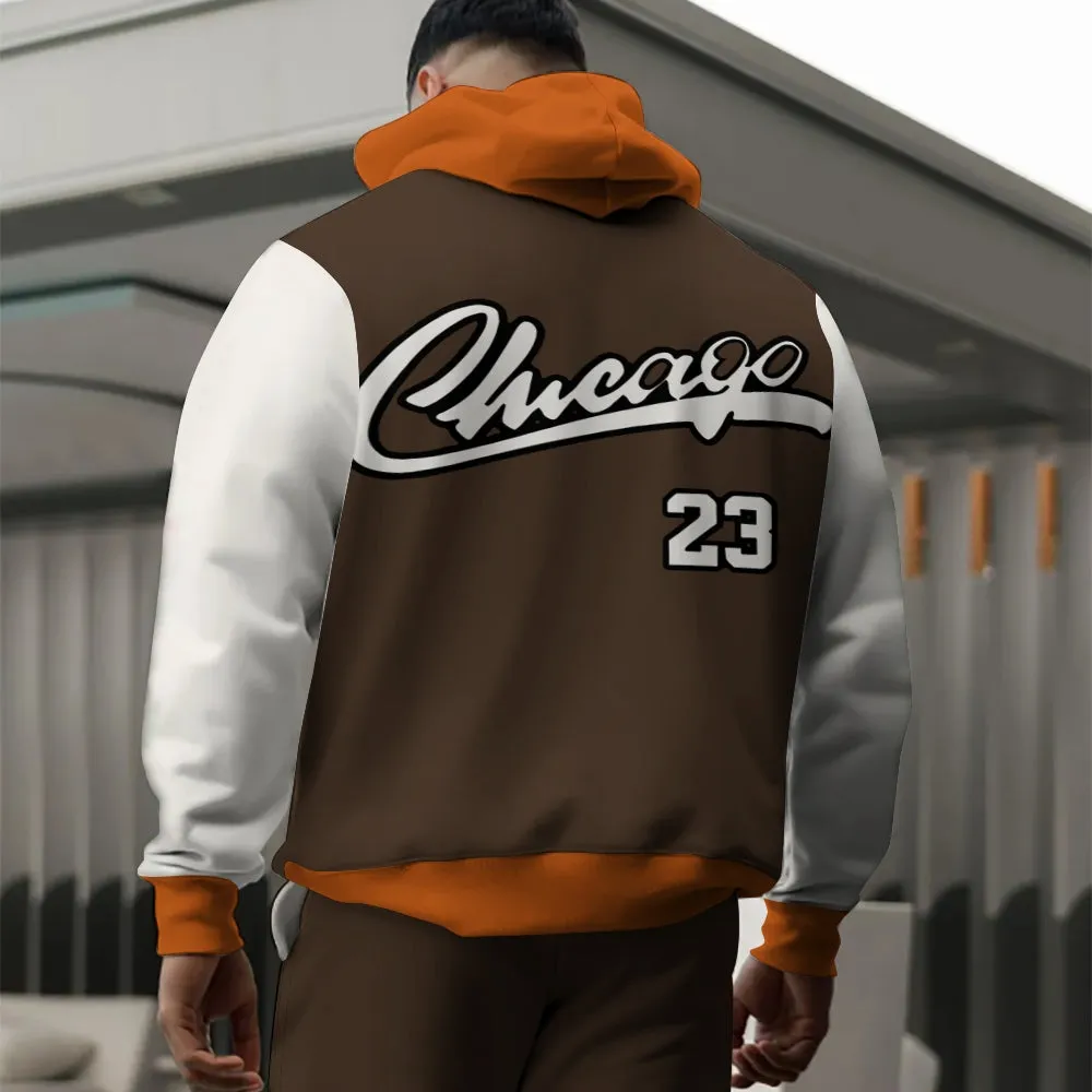 Men's Sporty Casual Color Block Chicago 23 Print Hoodie and Pants Set 2411011306